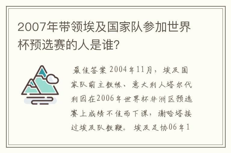 2007年带领埃及国家队参加世界杯预选赛的人是谁？