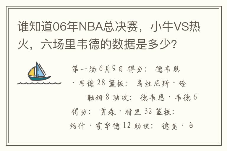 谁知道06年NBA总决赛，小牛VS热火，六场里韦德的数据是多少?