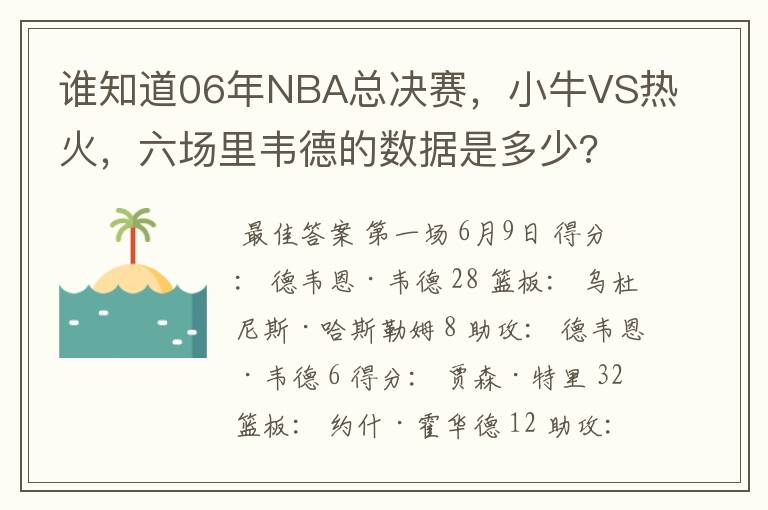 谁知道06年NBA总决赛，小牛VS热火，六场里韦德的数据是多少?