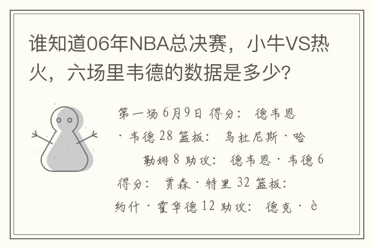 谁知道06年NBA总决赛，小牛VS热火，六场里韦德的数据是多少?