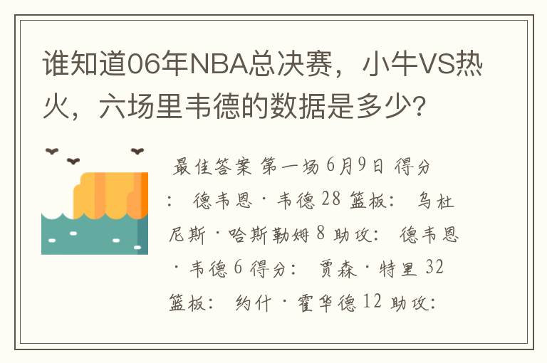 谁知道06年NBA总决赛，小牛VS热火，六场里韦德的数据是多少?