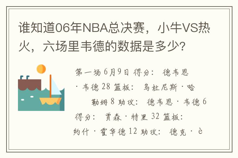 谁知道06年NBA总决赛，小牛VS热火，六场里韦德的数据是多少?