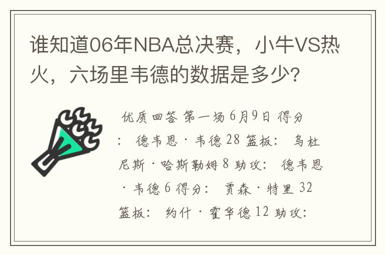 谁知道06年NBA总决赛，小牛VS热火，六场里韦德的数据是多少?