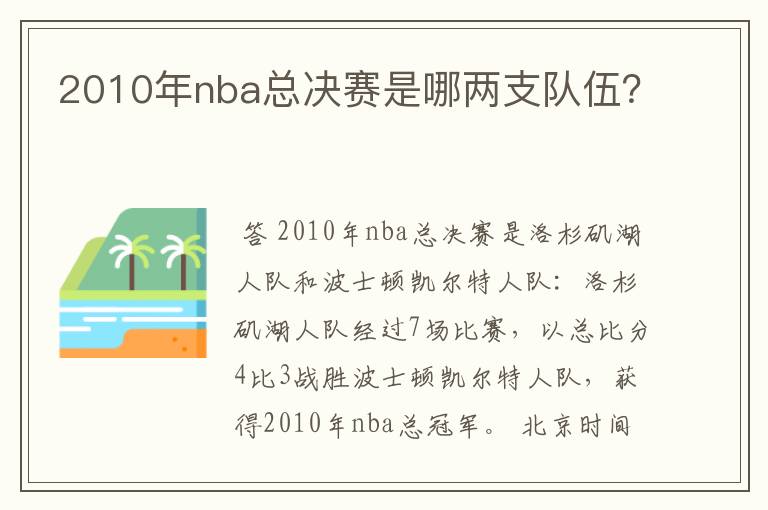 2010年nba总决赛是哪两支队伍？