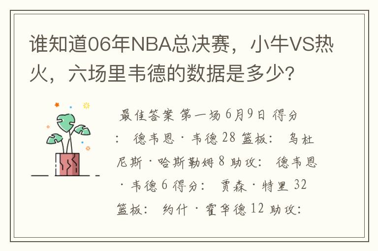 谁知道06年NBA总决赛，小牛VS热火，六场里韦德的数据是多少?