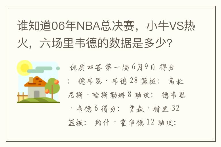 谁知道06年NBA总决赛，小牛VS热火，六场里韦德的数据是多少?