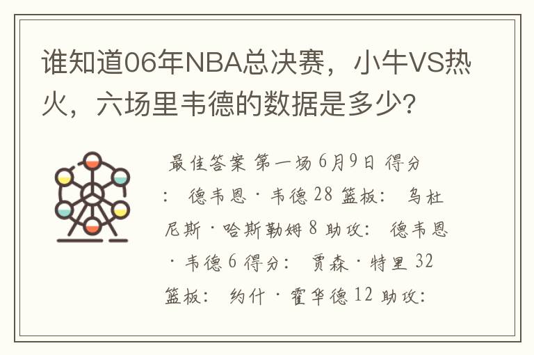 谁知道06年NBA总决赛，小牛VS热火，六场里韦德的数据是多少?