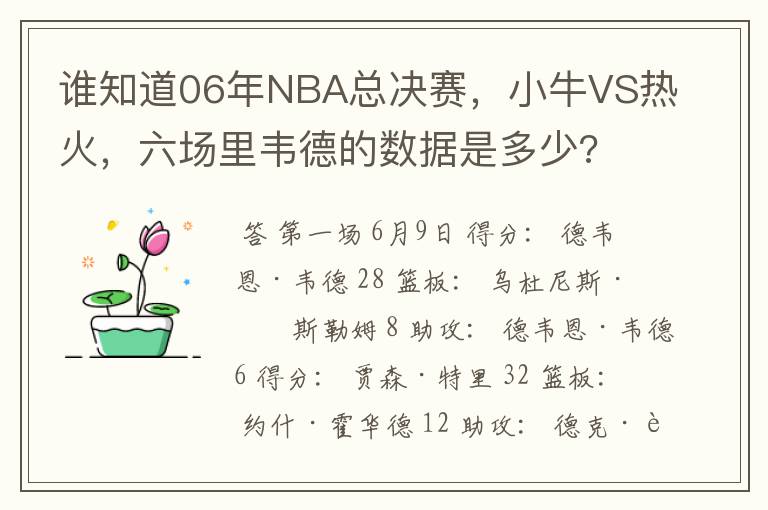 谁知道06年NBA总决赛，小牛VS热火，六场里韦德的数据是多少?