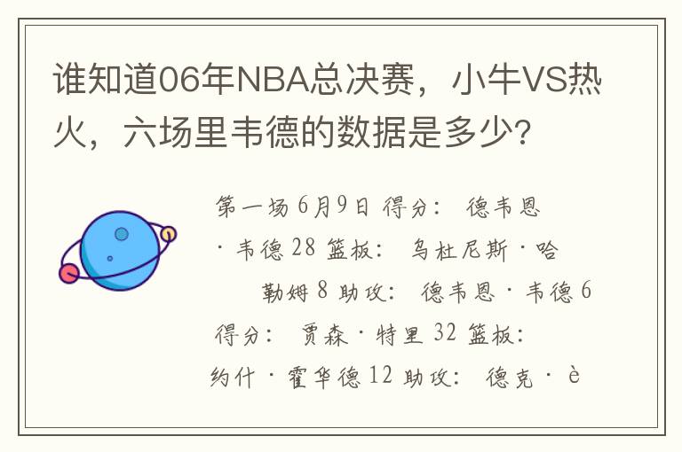 谁知道06年NBA总决赛，小牛VS热火，六场里韦德的数据是多少?