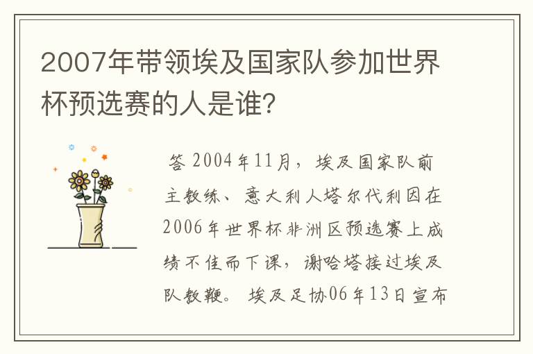 2007年带领埃及国家队参加世界杯预选赛的人是谁？