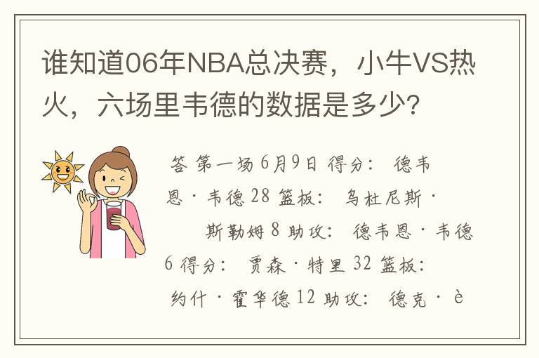 谁知道06年NBA总决赛，小牛VS热火，六场里韦德的数据是多少?