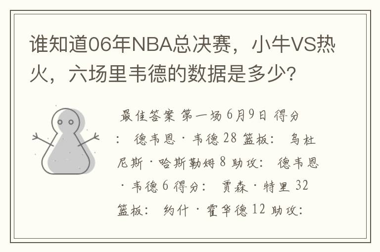 谁知道06年NBA总决赛，小牛VS热火，六场里韦德的数据是多少?