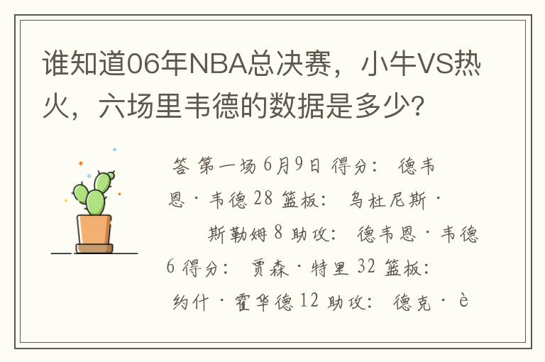 谁知道06年NBA总决赛，小牛VS热火，六场里韦德的数据是多少?