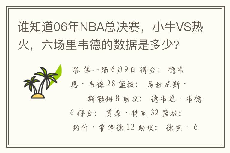 谁知道06年NBA总决赛，小牛VS热火，六场里韦德的数据是多少?