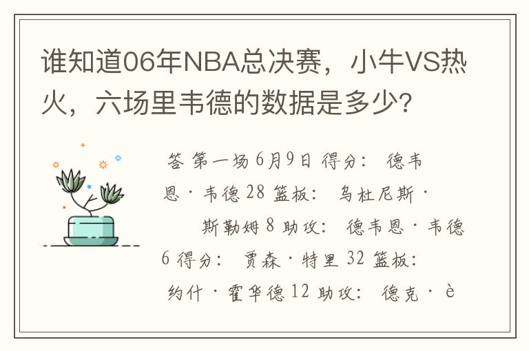 谁知道06年NBA总决赛，小牛VS热火，六场里韦德的数据是多少?