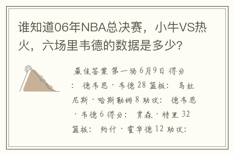 谁知道06年NBA总决赛，小牛VS热火，六场里韦德的数据是多少?