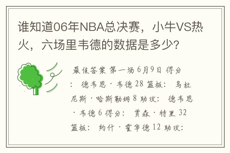 谁知道06年NBA总决赛，小牛VS热火，六场里韦德的数据是多少?