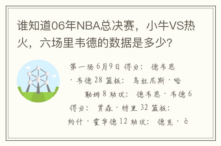 谁知道06年NBA总决赛，小牛VS热火，六场里韦德的数据是多少?