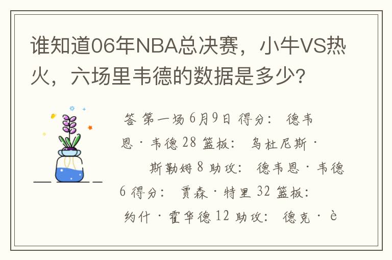 谁知道06年NBA总决赛，小牛VS热火，六场里韦德的数据是多少?