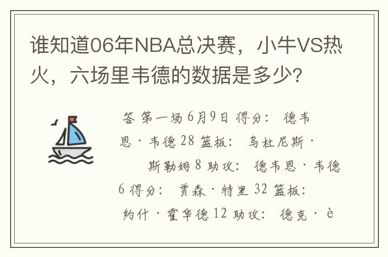 谁知道06年NBA总决赛，小牛VS热火，六场里韦德的数据是多少?