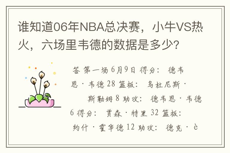 谁知道06年NBA总决赛，小牛VS热火，六场里韦德的数据是多少?