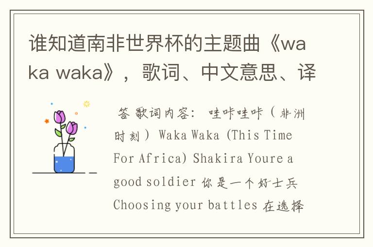 谁知道南非世界杯的主题曲《waka waka》，歌词、中文意思、译音@！#￥%……&