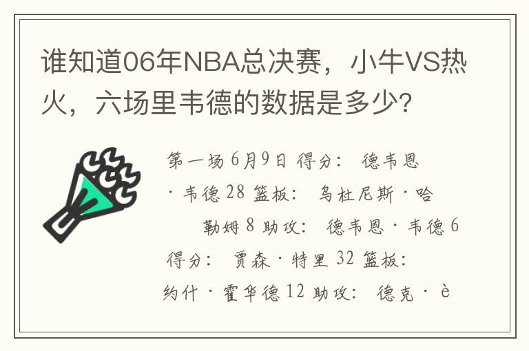 谁知道06年NBA总决赛，小牛VS热火，六场里韦德的数据是多少?