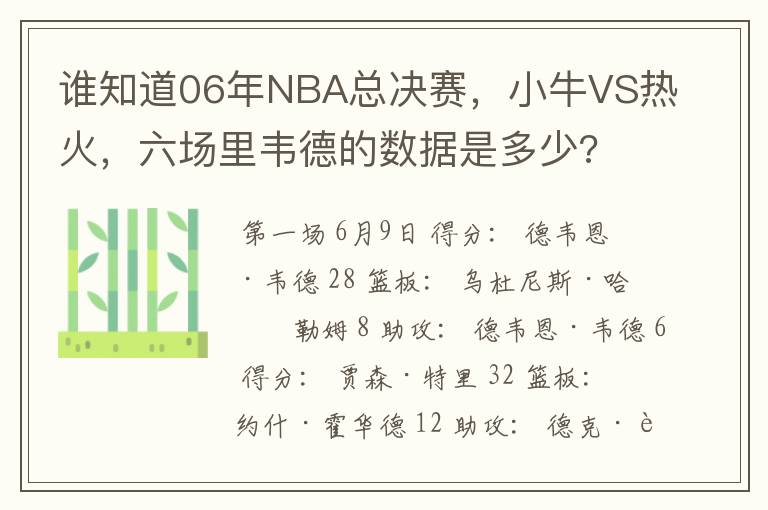 谁知道06年NBA总决赛，小牛VS热火，六场里韦德的数据是多少?