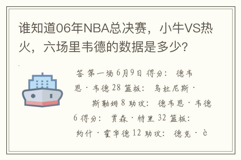 谁知道06年NBA总决赛，小牛VS热火，六场里韦德的数据是多少?