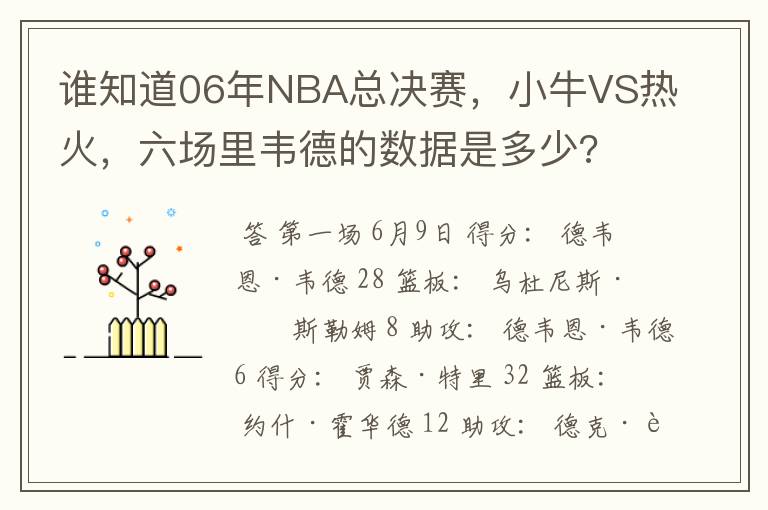 谁知道06年NBA总决赛，小牛VS热火，六场里韦德的数据是多少?