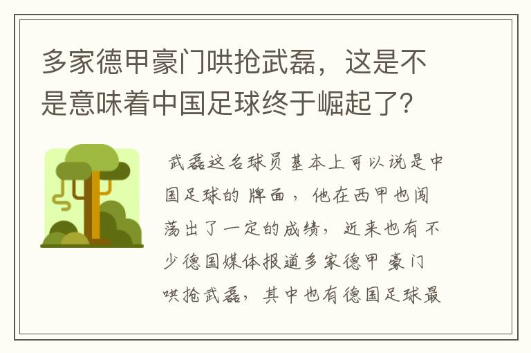 多家德甲豪门哄抢武磊，这是不是意味着中国足球终于崛起了？