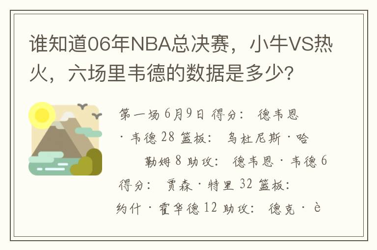 谁知道06年NBA总决赛，小牛VS热火，六场里韦德的数据是多少?