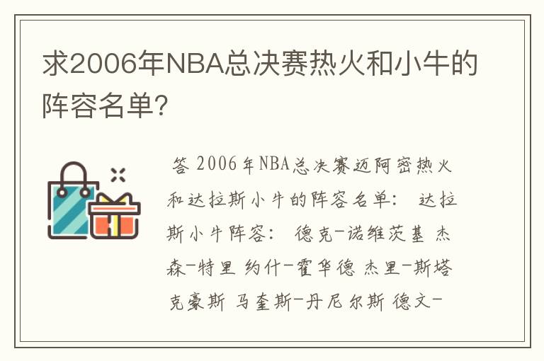 求2006年NBA总决赛热火和小牛的阵容名单？