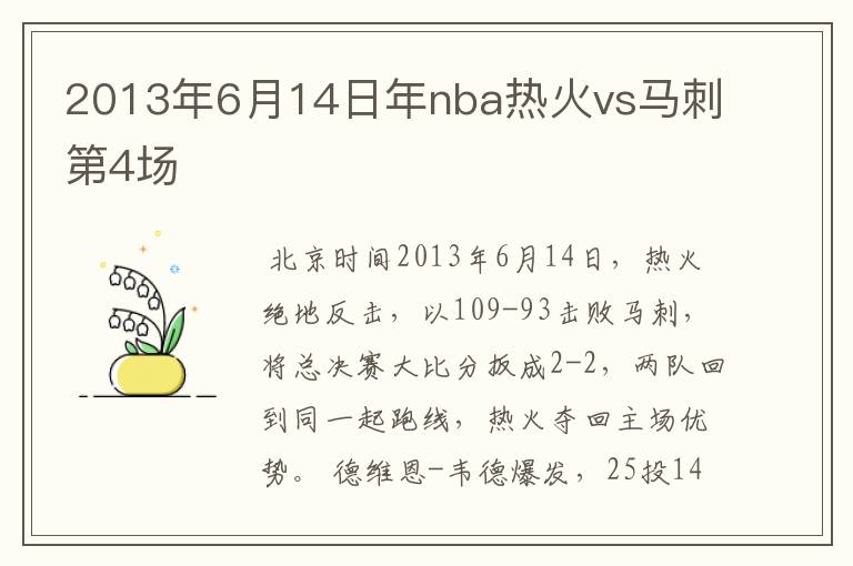 2013年6月14日年nba热火vs马刺第4场