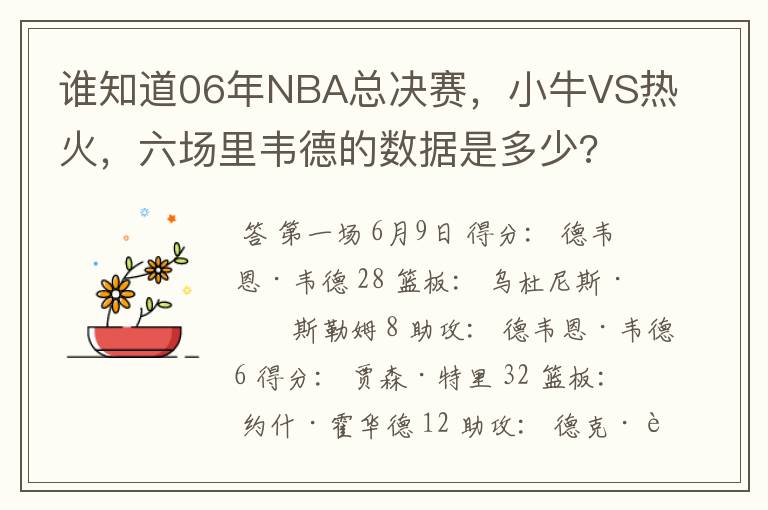 谁知道06年NBA总决赛，小牛VS热火，六场里韦德的数据是多少?