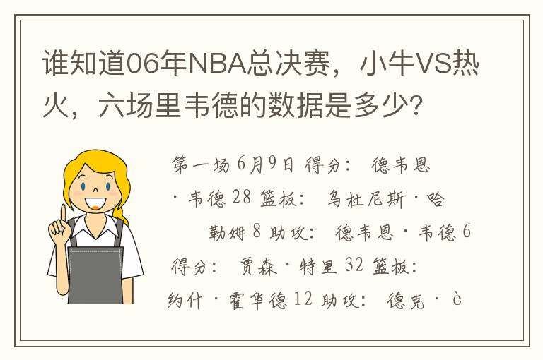 谁知道06年NBA总决赛，小牛VS热火，六场里韦德的数据是多少?