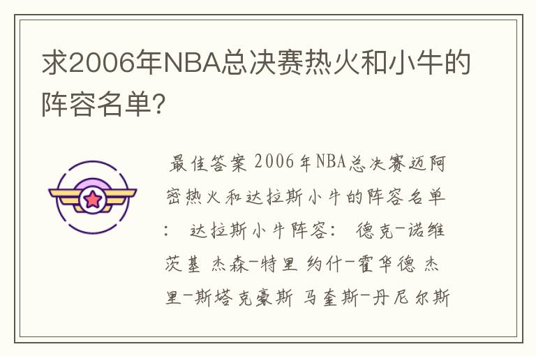 求2006年NBA总决赛热火和小牛的阵容名单？