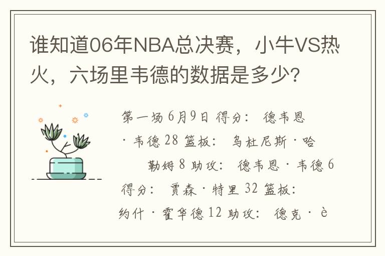 谁知道06年NBA总决赛，小牛VS热火，六场里韦德的数据是多少?