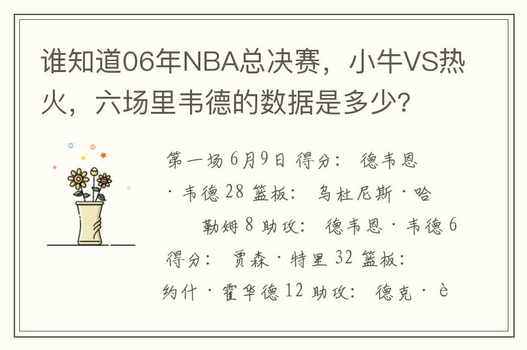 谁知道06年NBA总决赛，小牛VS热火，六场里韦德的数据是多少?