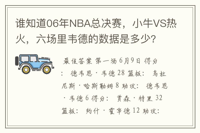 谁知道06年NBA总决赛，小牛VS热火，六场里韦德的数据是多少?