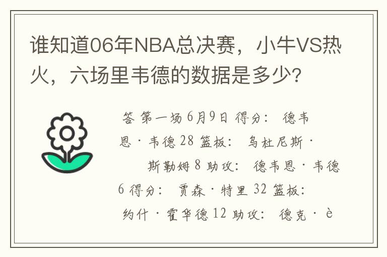 谁知道06年NBA总决赛，小牛VS热火，六场里韦德的数据是多少?