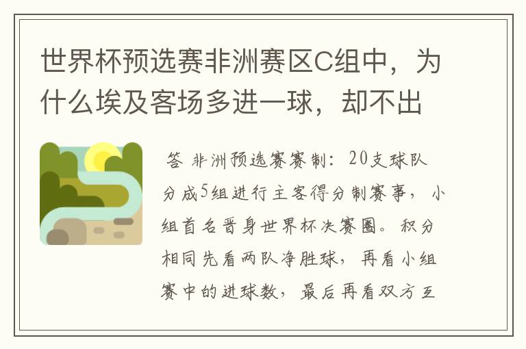 世界杯预选赛非洲赛区C组中，为什么埃及客场多进一球，却不出线，要加赛一场