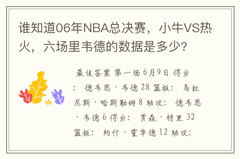 谁知道06年NBA总决赛，小牛VS热火，六场里韦德的数据是多少?