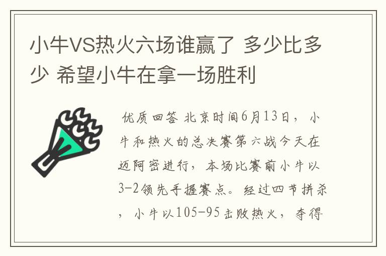 小牛VS热火六场谁赢了 多少比多少 希望小牛在拿一场胜利