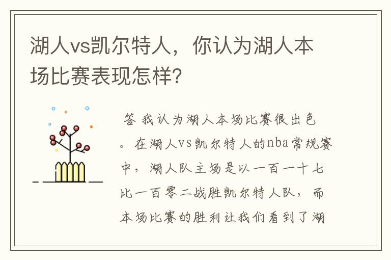 湖人vs凯尔特人，你认为湖人本场比赛表现怎样？