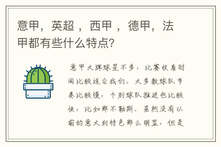 意甲，英超 ，西甲 ，德甲，法甲都有些什么特点？