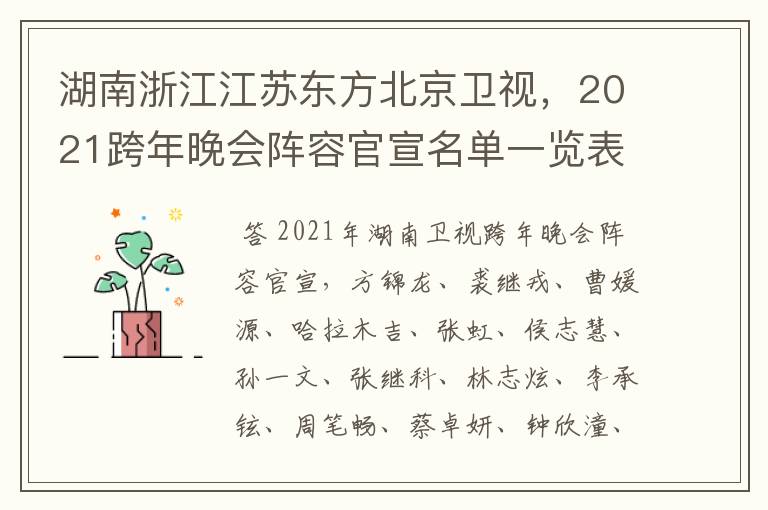 湖南浙江江苏东方北京卫视，2021跨年晚会阵容官宣名单一览表