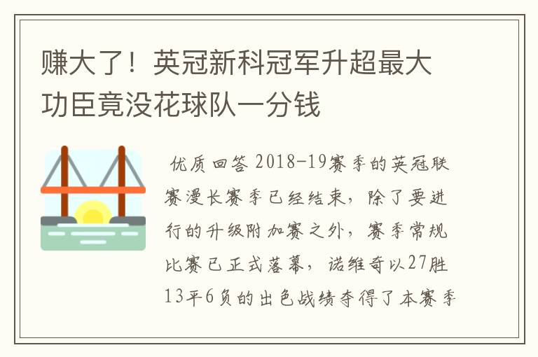 赚大了！英冠新科冠军升超最大功臣竟没花球队一分钱