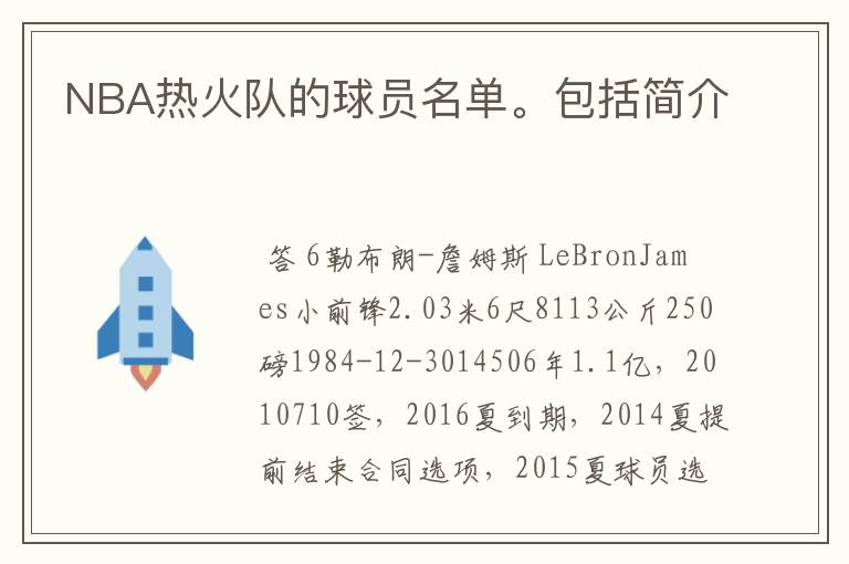 NBA热火队的球员名单。包括简介