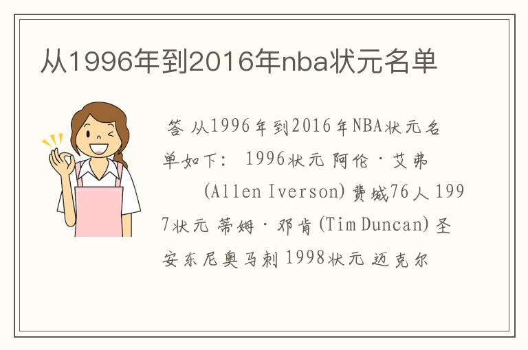 从1996年到2016年nba状元名单